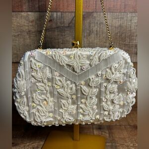 Vintage 60s Hand Made Hong Kong Cream Beaded Sequin Floral Clutch Evening Bag
